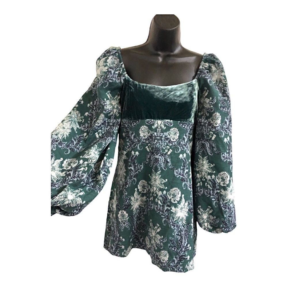 Free People structured green brocade look velvet balloon sleeve babydoll dress‎